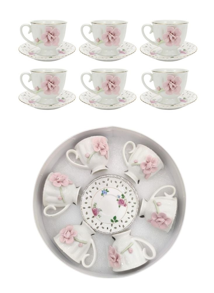 بريميم طقم فناجين شاي وصحون من السيراميك المزخرف بالزهور – ستة فناجين مع ستة صحون، مجموعة تقديم كلاسيكية - Image 1